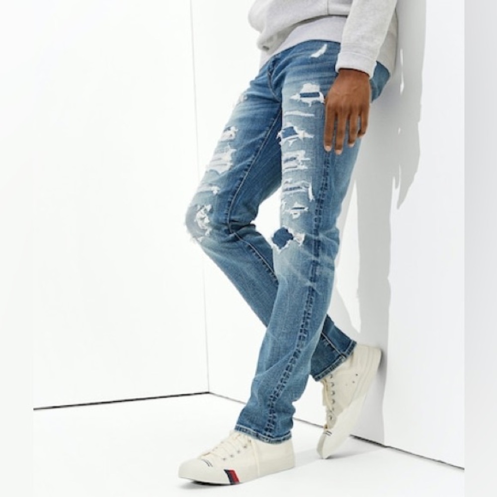 AE Men’s Airflex + Patched Slim Straight Jeans - Picture 6 of 10
